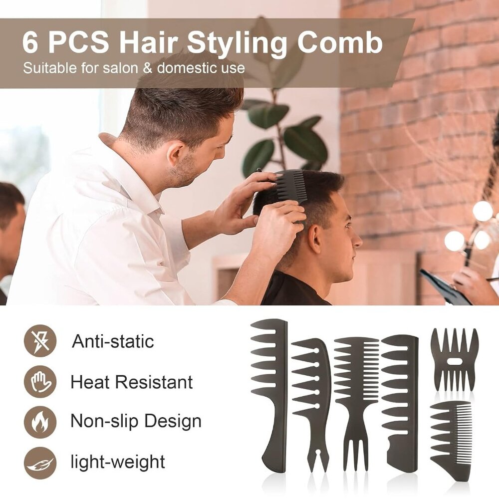 6-Pcs Wide Tooth Hair Comb Set, Professional Styling & Wet Pick Pompadour Comb, - Picture 3 of 7